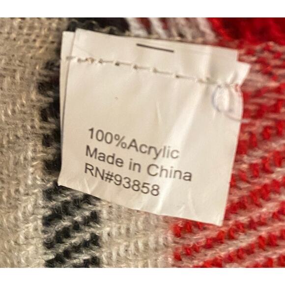 Blanket Scarf Large Square 56" x 56" Plaid Red Cream Black Fringe - Picture 5 of 7
